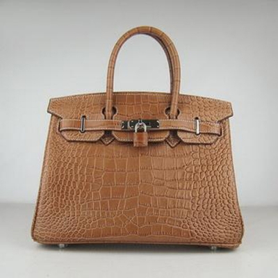 Hermes Birkin 30CM Crocodile Stripe Chocolate Silver