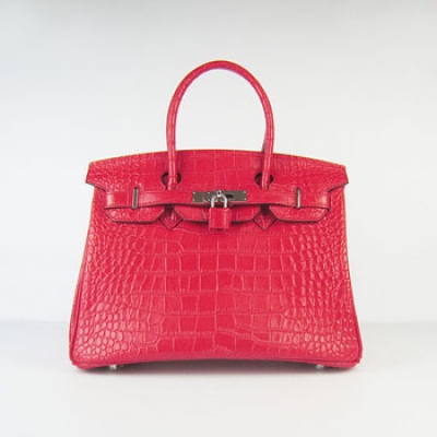 Hermes Birkin 30Cm Crocodile Stripe Handbags Red Silver