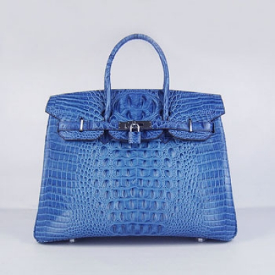 Hermes Birkin 35Cm Crocodile Head Stripe Handbags Dark Blue Silv