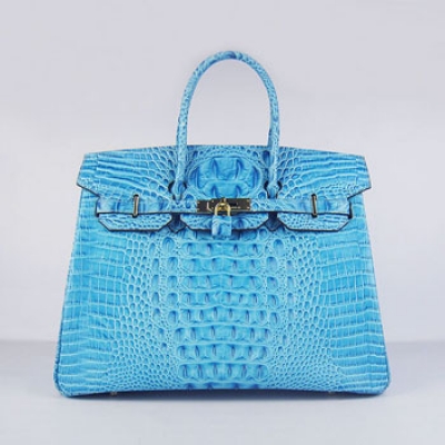 Hermes Birkin 35Cm Crocodile Head Stripe Handbags Light Blue Gol