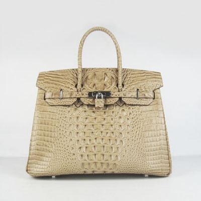 Hermes Birkin 35Cm Crocodile Head Stripe Handbags Apricot Silver