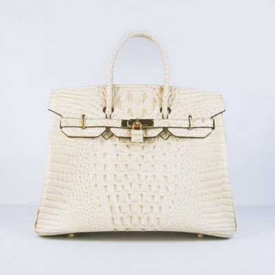 Hermes Birkin 35Cm Crocodile Head Stripe Handbags Beige Gold