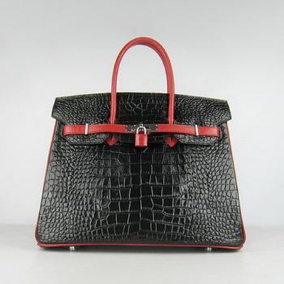 Hermes Birkin 35CM Crocodile Stripe Black Red Silver