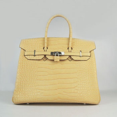 Hermes Birkin 35Cm Crocodile Stripe Handbags Yellow Silver