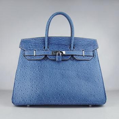 Hermes Birkin 35CM Ostrich Stripe Medium Blue Silver