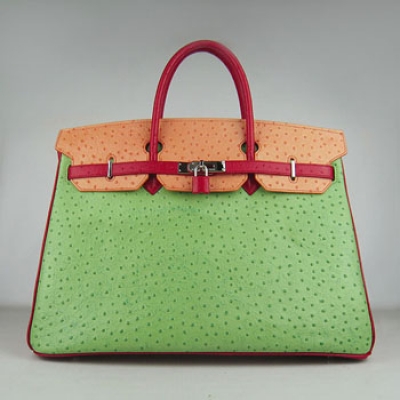 Hermes Birkin 40Cm Ostrich Stripe Handbags Red/Orange/Green Silv